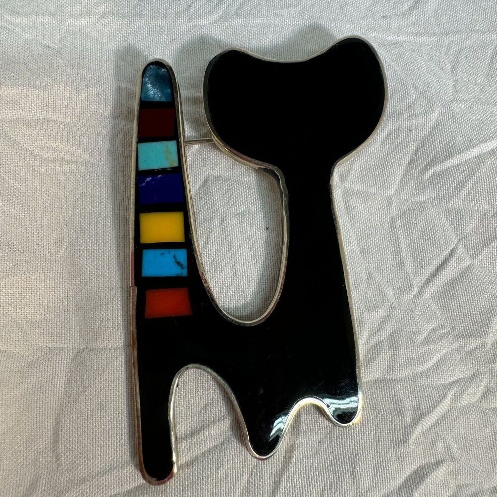 Abstract Cat Brooch Pin With Multicolor Enamel Accents & Silver Tone Finish 1980